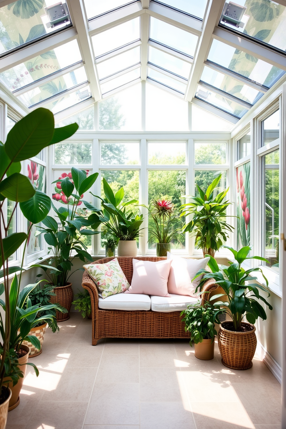 A bright and airy sunroom filled with natural light. The walls are adorned with vibrant botanical prints that bring a touch of nature indoors. A comfortable seating area features a mix of wicker and plush cushions in pastel colors. Potted plants in varying heights are arranged around the room, enhancing the fresh and inviting atmosphere.