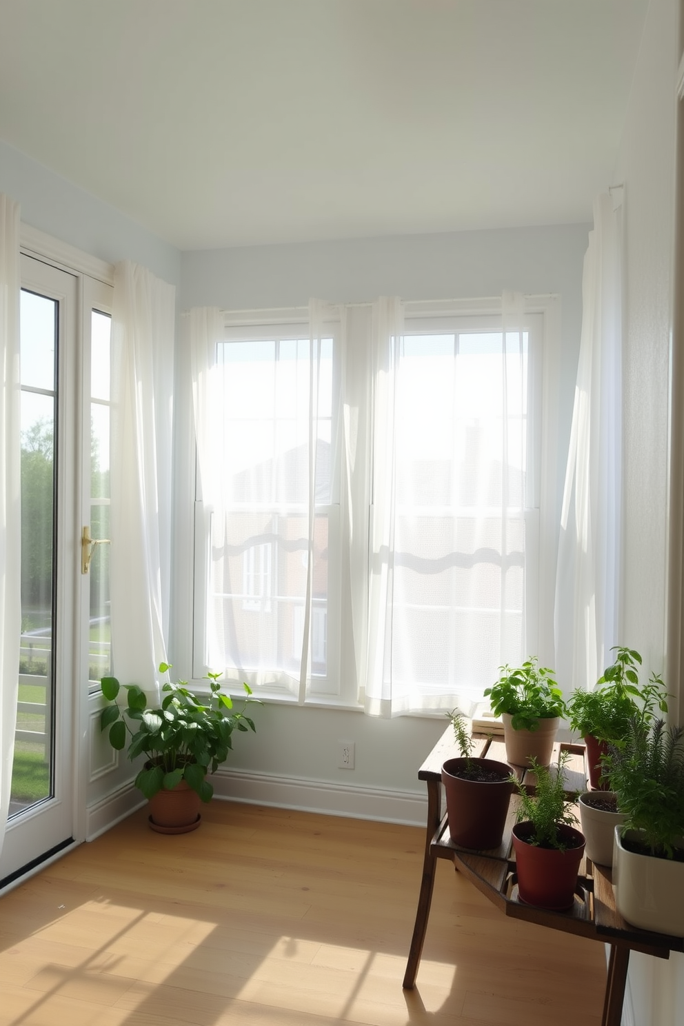 A bright and airy sunroom filled with natural light. The space features large windows with sheer white curtains that gently diffuse the sunlight. In one corner, a small indoor herb garden thrives on a rustic wooden shelf. Potted basil, mint, and rosemary add a touch of greenery and a delightful fragrance to the room.