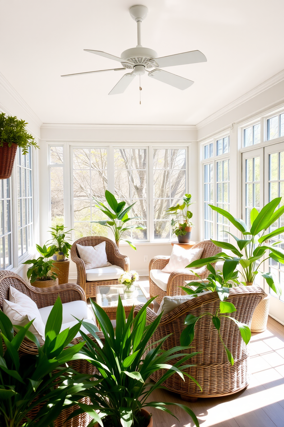 A bright and airy sunroom filled with natural light. The space features wicker furniture with soft pastel cushions, creating a cozy and inviting atmosphere. Lush green plants are placed strategically around the room, enhancing the connection to nature. Large windows allow the spring sunshine to flood in, illuminating the cheerful decor.