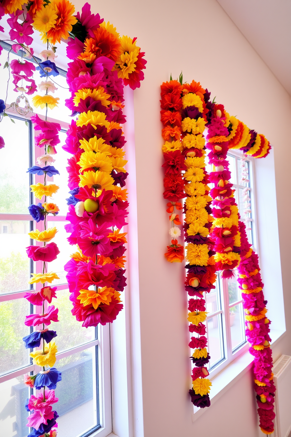 A bright and cheerful room adorned with colorful flower garlands hanging from the windows. The garlands feature a mix of vibrant blooms in shades of pink, yellow, and blue, creating a lively and inviting atmosphere.