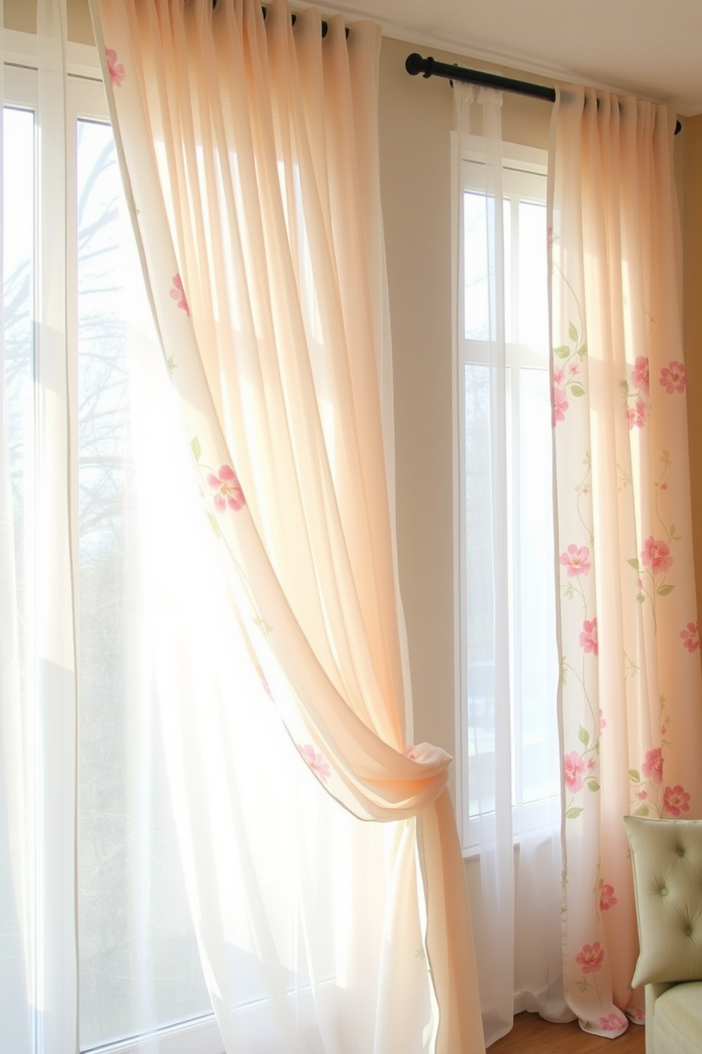 Lightweight sheer fabrics drape gracefully over large windows, allowing natural light to filter softly into the room. The delicate textures create an airy and open atmosphere, perfect for welcoming the freshness of spring. Colorful floral patterns adorn the sheer curtains, bringing a cheerful vibe that complements the blooming season. Accentuate the look with light pastel shades in the decor to enhance the overall spring-inspired aesthetic.