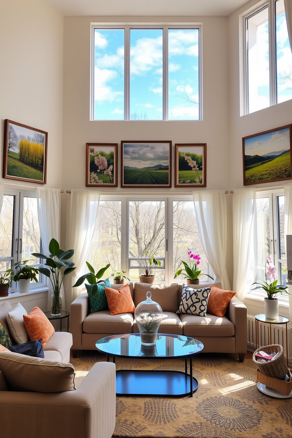 A vibrant living room adorned with seasonal artwork showcasing spring landscapes. The walls are decorated with framed prints of blooming flowers and lush green fields, creating a refreshing atmosphere. Large windows are dressed with light, airy curtains that flutter gently in the breeze. Potted plants are placed on the windowsills, bringing a touch of nature indoors and enhancing the springtime feel.