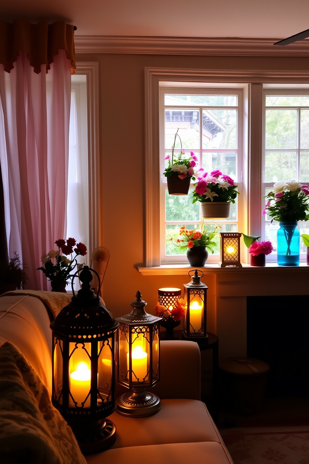 A cozy living room adorned with decorative lanterns casting a warm glow. The lanterns are placed on side tables and the mantel, creating an inviting atmosphere. Bright and cheerful spring window decorations featuring pastel-colored curtains and floral arrangements. The window sills are lined with potted plants and vibrant blooms, enhancing the seasonal charm.