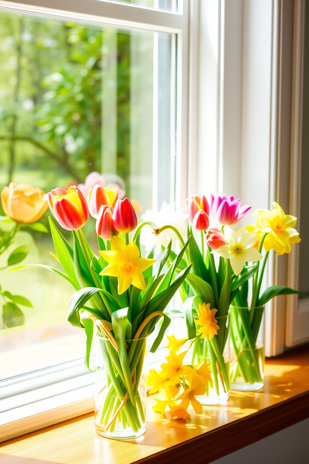 A bright and airy window display featuring glass vases filled with vibrant tulips and cheerful daffodils. The vases are arranged on a wooden windowsill, allowing natural light to highlight the fresh blooms and create a welcoming spring atmosphere.