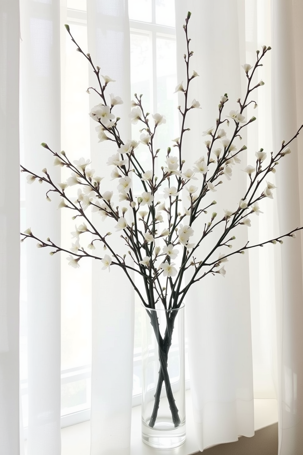 Natural branches with delicate blossoms create an elegant display in a bright and airy spring window. The branches are arranged in a simple glass vase, allowing the soft colors of the blooms to stand out against the backdrop of sheer white curtains.