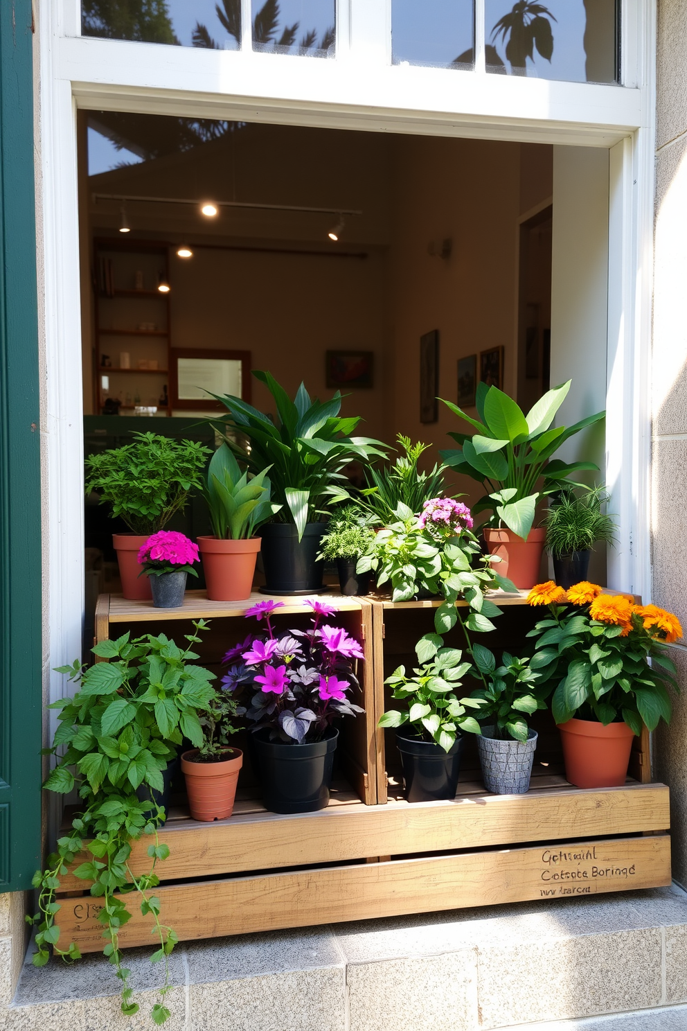 A charming window display featuring vintage wooden crates that hold an assortment of vibrant potted plants. The sunlight filters through the window, casting a warm glow on the greenery and creating a refreshing atmosphere.