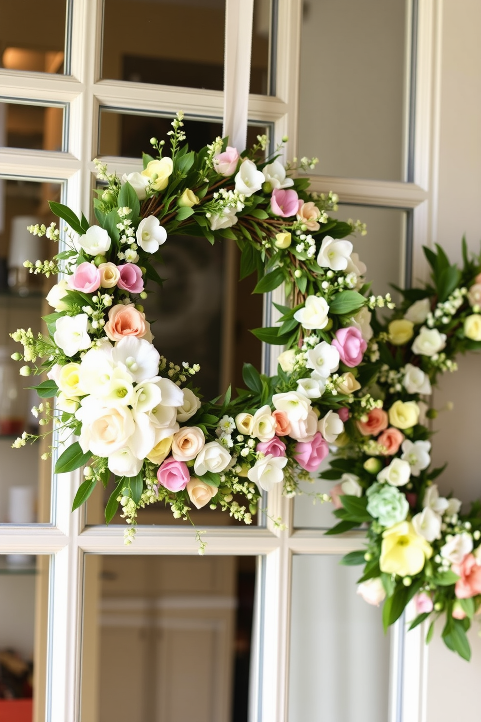 Charming wreaths made of spring flowers create a vibrant and inviting atmosphere. These wreaths feature a mix of pastel blooms, lush greenery, and delicate accents that bring the essence of spring indoors. Spring window decorating ideas can transform your space with fresh colors and cheerful motifs. Incorporate light, airy fabrics and natural elements to enhance the seasonal feel and create a welcoming display.