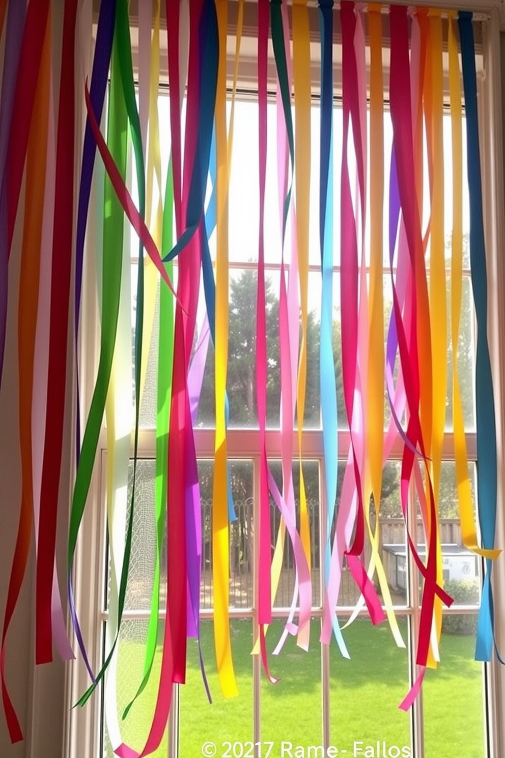 A vibrant display of colorful ribbons cascades elegantly from the window frames creating a cheerful and inviting atmosphere. The ribbons in various hues dance lightly in the breeze, enhancing the springtime charm of the room.