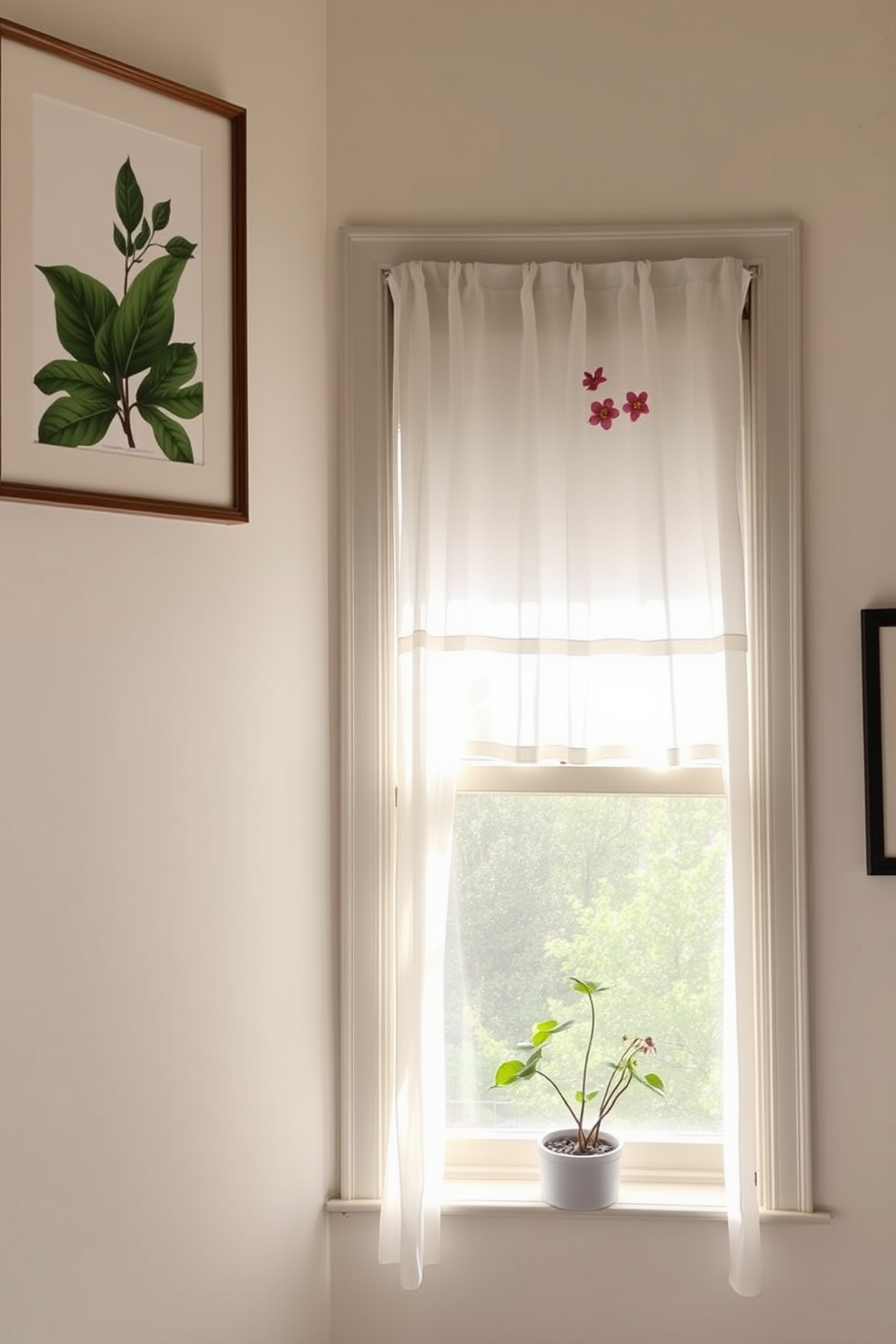 Framed botanical prints adorn the walls, adding a classic touch to the room's decor. The prints feature lush green leaves and vibrant flowers, enhancing the natural feel of the space. The window is dressed with sheer white curtains that gently filter the sunlight, creating a bright and airy atmosphere. A small potted plant sits on the windowsill, complementing the botanical theme and bringing a fresh touch to the spring season.