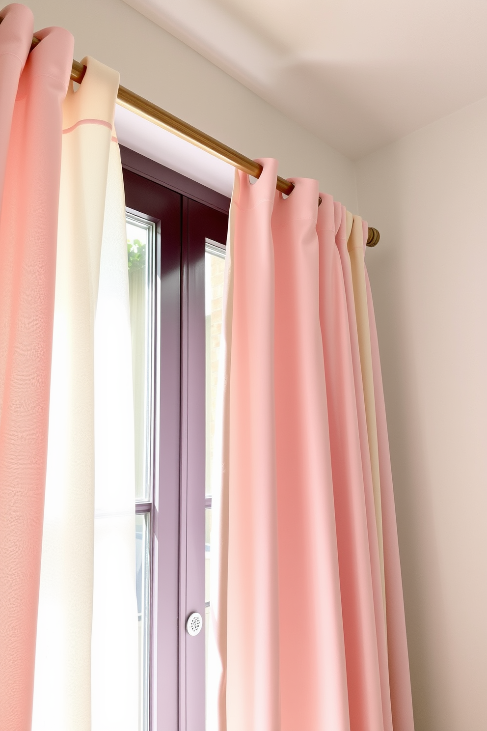 Bright pastel curtains drape elegantly from a polished wooden rod, infusing the room with a sense of freshness and lightness. The soft hues of pink, mint, and lavender create a cheerful ambiance, perfectly complementing the spring season. Delicate floral patterns adorn the fabric, adding a touch of whimsy and charm to the window decor. Sunlight filters through the curtains, casting gentle shadows and enhancing the inviting atmosphere of the space.