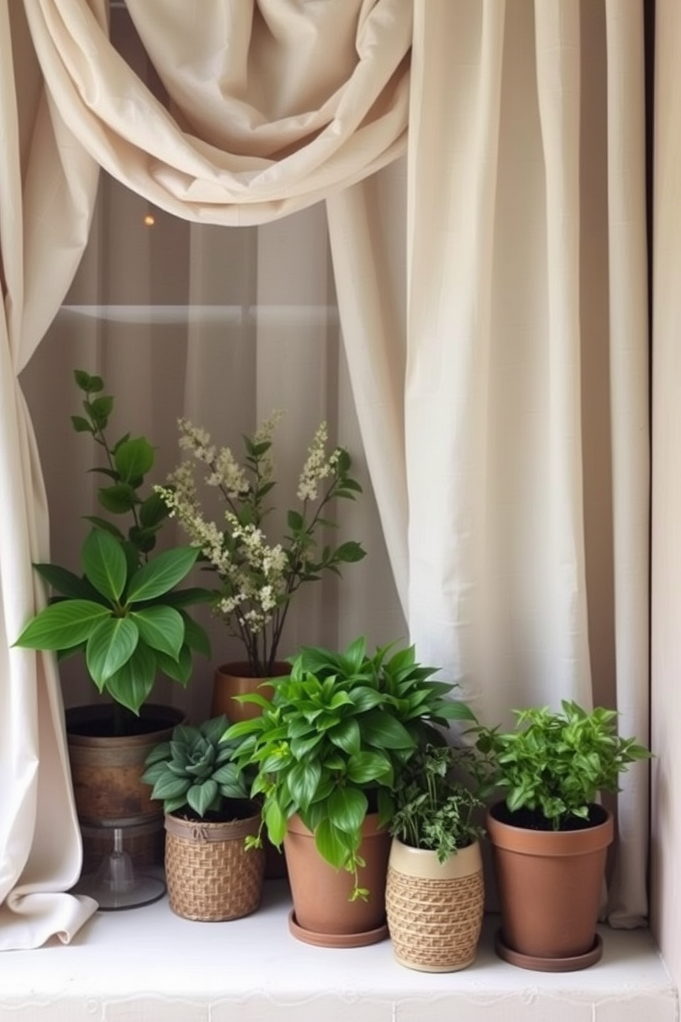 Layered textures create a cozy and inviting atmosphere in a spring window display. Soft linen curtains drape elegantly, while vibrant green plants in various sizes bring life and freshness to the space.