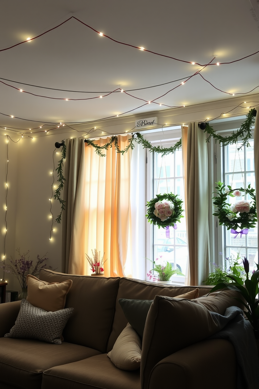 A cozy living room adorned with string lights that create a warm and inviting atmosphere. The lights are draped across the ceiling and along the walls, casting a soft glow that enhances the comfortable seating area. Bright and cheerful spring window decorations featuring pastel-colored curtains and floral arrangements. The windows are framed with greenery and delicate ornaments that bring the essence of the season indoors.