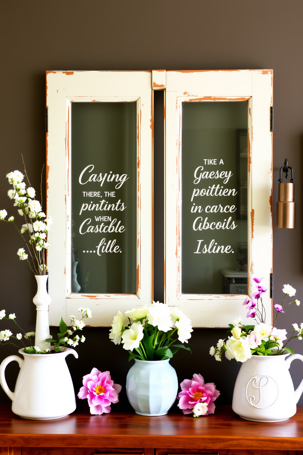 Seasonal quotes elegantly showcased within rustic window frames create a charming focal point. The spring-themed decorations feature pastel colors and floral accents, bringing a fresh and inviting atmosphere to the space.