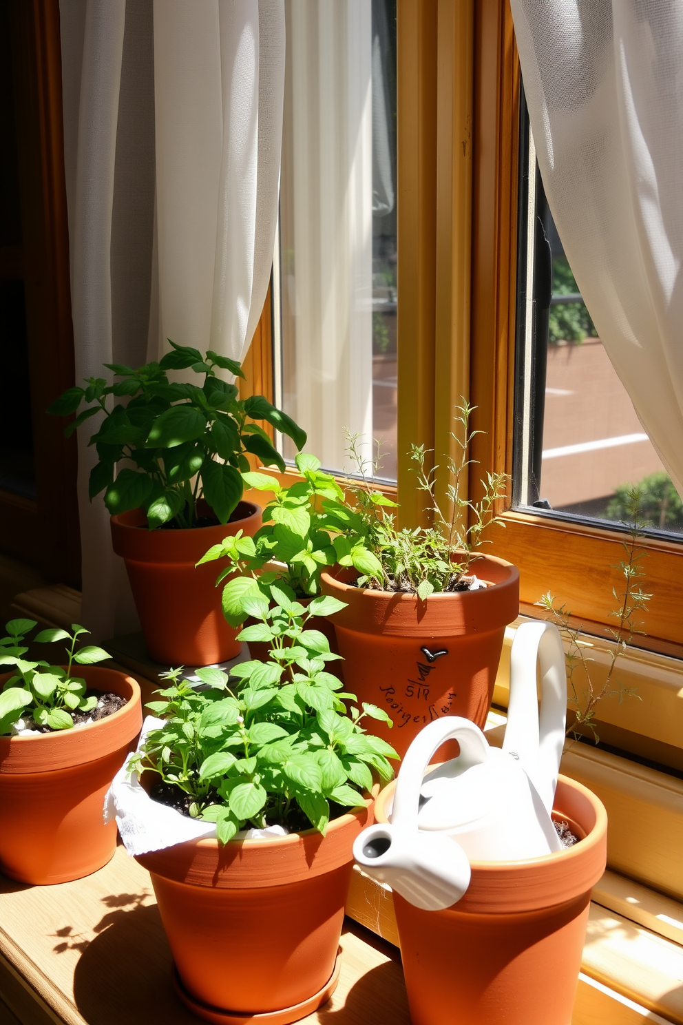 A bright and airy window display featuring terracotta pots filled with vibrant herbs such as basil and rosemary. The pots are arranged on a wooden windowsill, allowing sunlight to illuminate the greenery and create a fresh, inviting atmosphere. Delicate sheer curtains frame the window, gently fluttering in the breeze. A small ceramic watering can sits beside the pots, adding a charming touch to the spring-inspired decor.