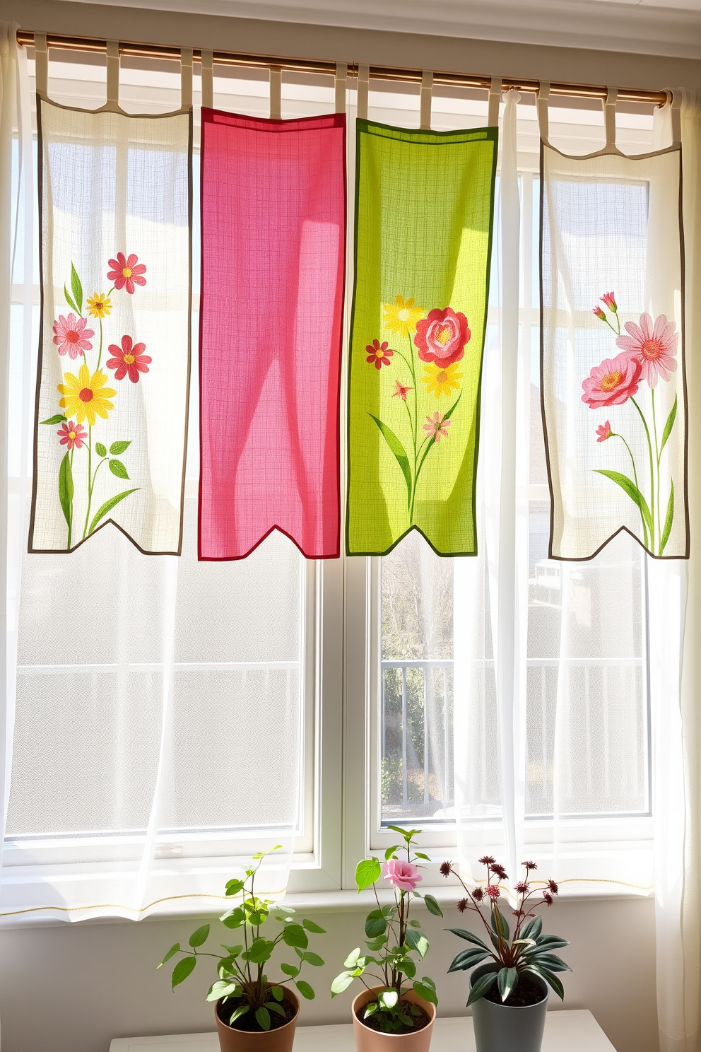 Hanging fabric banners with vibrant spring motifs adorn the windows, bringing a cheerful and fresh atmosphere to the room. The banners sway gently with the breeze, showcasing floral patterns in pastel colors that complement the natural light streaming in. The windows are framed with sheer curtains that allow sunlight to filter through while adding a touch of elegance. Below the windowsill, potted plants thrive, enhancing the spring theme and creating a harmonious connection with the outdoors.