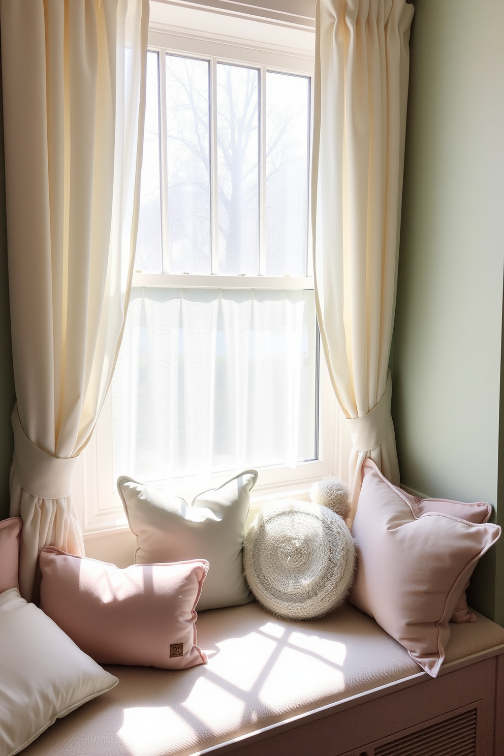 Soft pastel pillows are arranged on cozy window seats, creating a serene and inviting atmosphere. The window is adorned with light, airy curtains that gently filter the sunlight, enhancing the springtime charm.