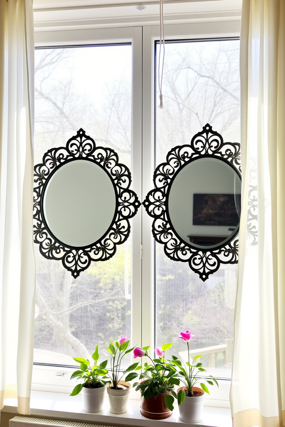 A pair of decorative mirrors are positioned opposite a large window, allowing natural light to flood the room. The mirrors feature intricate designs that enhance the brightness and create an airy ambiance. The window is adorned with light, flowing curtains in a pastel color, bringing a touch of spring freshness. Potted plants sit on the windowsill, adding greenery and a vibrant pop of color to the space.