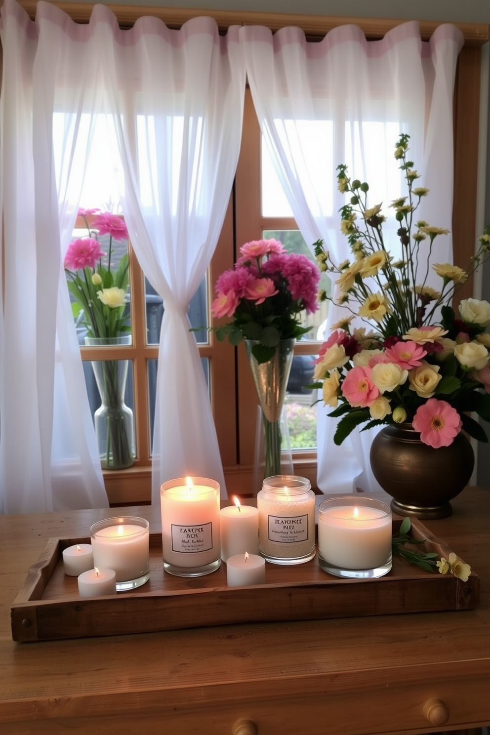 Create a serene and inviting atmosphere with seasonal scented candles arranged on a rustic wooden tray. The warm glow of the candles enhances the soft pastel colors of the spring window decorations, featuring fresh flowers and delicate sheer curtains. Incorporate vibrant floral arrangements in the window for a refreshing spring touch. The combination of the fragrant candles and the lively decor creates a harmonious blend of comfort and seasonal beauty.