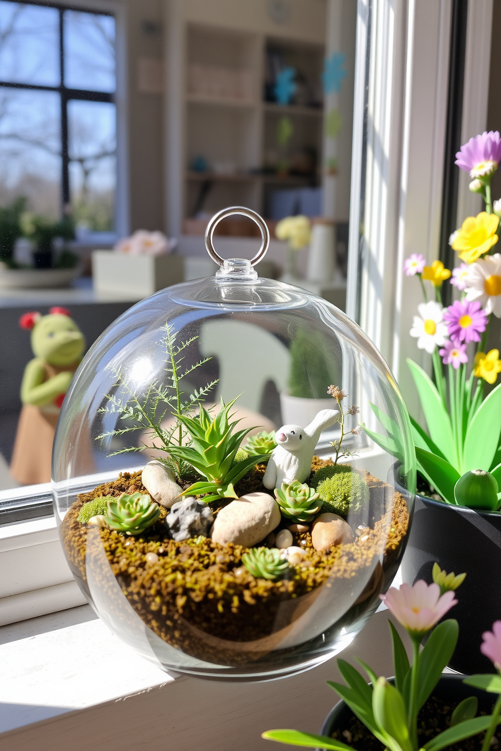 Create a serene miniature garden within a glass terrarium. Include a variety of small plants such as ferns and succulents, along with decorative stones and a tiny figurine. Design a vibrant spring-themed window display. Incorporate colorful flowers, pastel-colored decorations, and natural light to create a cheerful atmosphere.