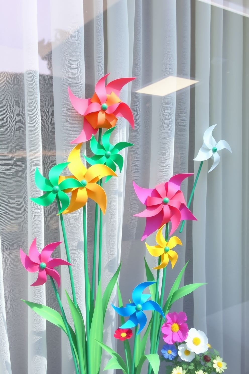 A charming spring window display featuring whimsical pinwheels in vibrant colors. The pinwheels are arranged in a playful fashion, creating a sense of movement and joy against the backdrop of sheer white curtains.