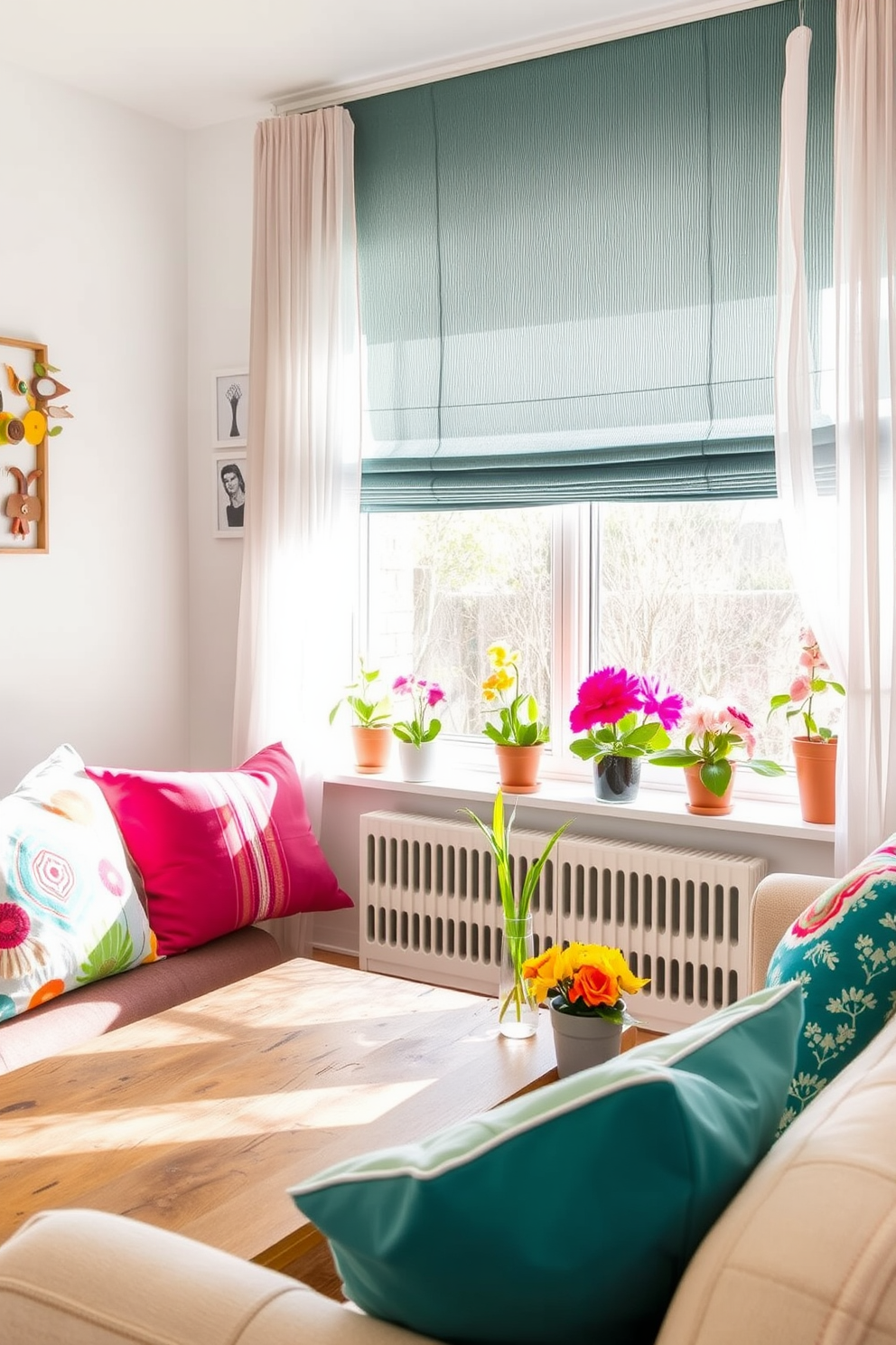 A bright and airy living room features decor made from recycled materials, including a coffee table crafted from reclaimed wood and vibrant cushions made from upcycled fabrics. The walls are adorned with art pieces created from repurposed items, adding a unique touch to the space. Spring window decorating ideas bring a fresh and cheerful vibe to the home. Delicate sheer curtains allow natural light to filter through, while potted plants and colorful flowers are arranged on the windowsill to celebrate the season.