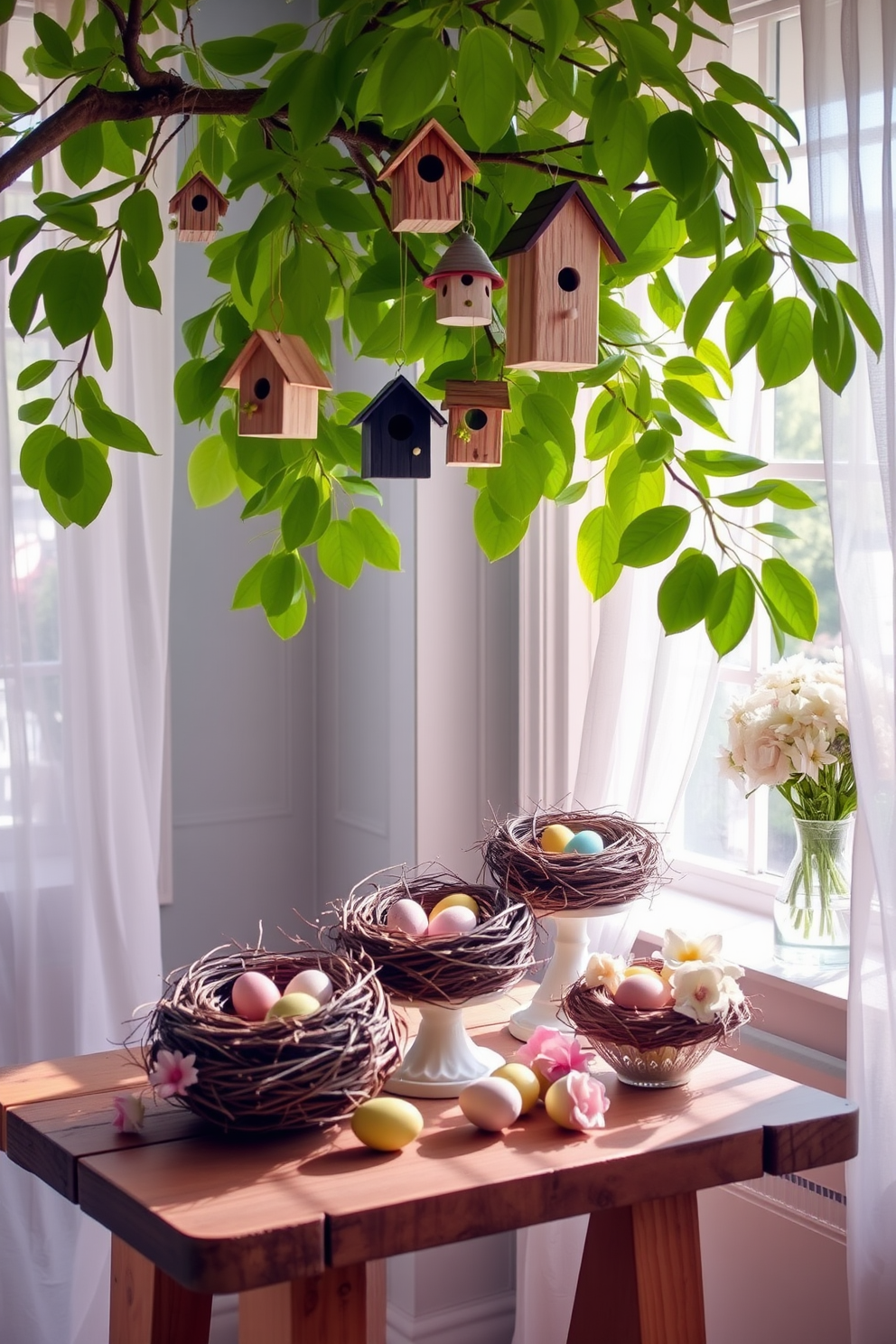 A collection of charming birdhouses in various styles hangs from a tree branch, surrounded by vibrant green leaves. Nests filled with colorful eggs are artfully placed on a rustic wooden table, creating a serene and natural atmosphere. Delicate floral arrangements in pastel tones adorn the windowsills, bringing a breath of fresh spring air indoors. Sheer curtains flutter gently in the breeze, allowing soft sunlight to illuminate the space while enhancing the cheerful decor.