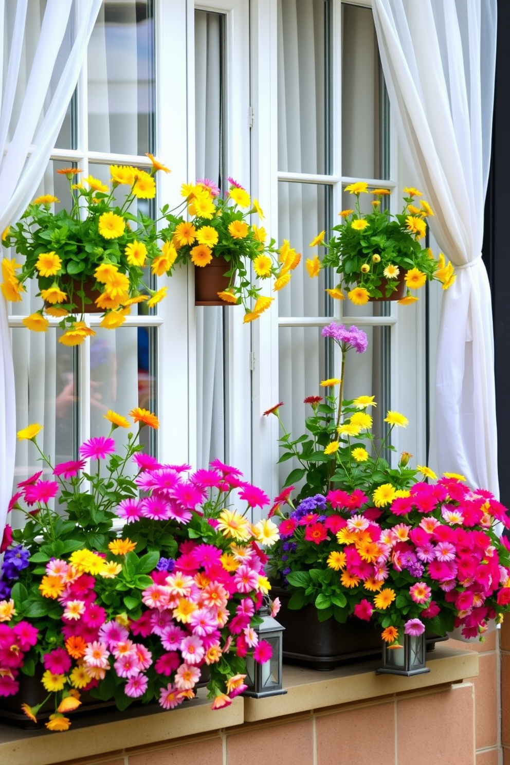 Vibrant window boxes overflowing with colorful blooms create a cheerful and inviting atmosphere. Each box features a mix of seasonal flowers in shades of pink, yellow, and purple, perfectly complementing the fresh green foliage. The windowsills are adorned with decorative pots and small lanterns, adding a touch of charm to the spring decor. Soft, flowing sheer curtains frame the windows, allowing natural light to filter through and illuminate the vibrant display.