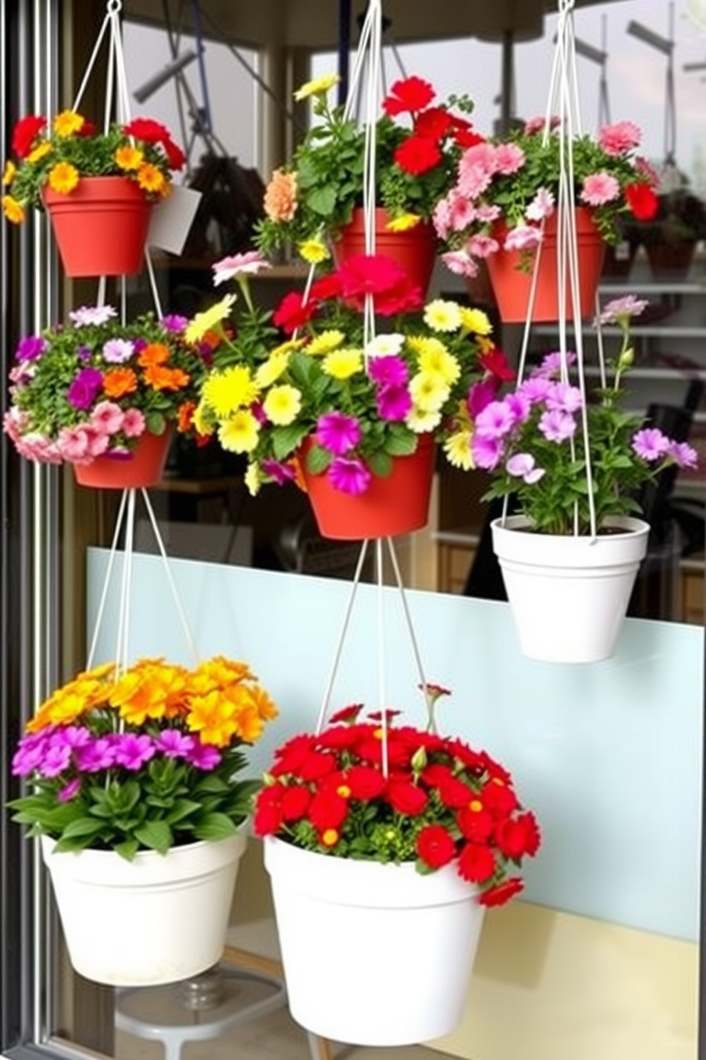 Create a vibrant spring window display featuring a variety of hanging flower pots at different heights. The pots should be filled with colorful blooms and lush greenery, creating a lively and inviting atmosphere.