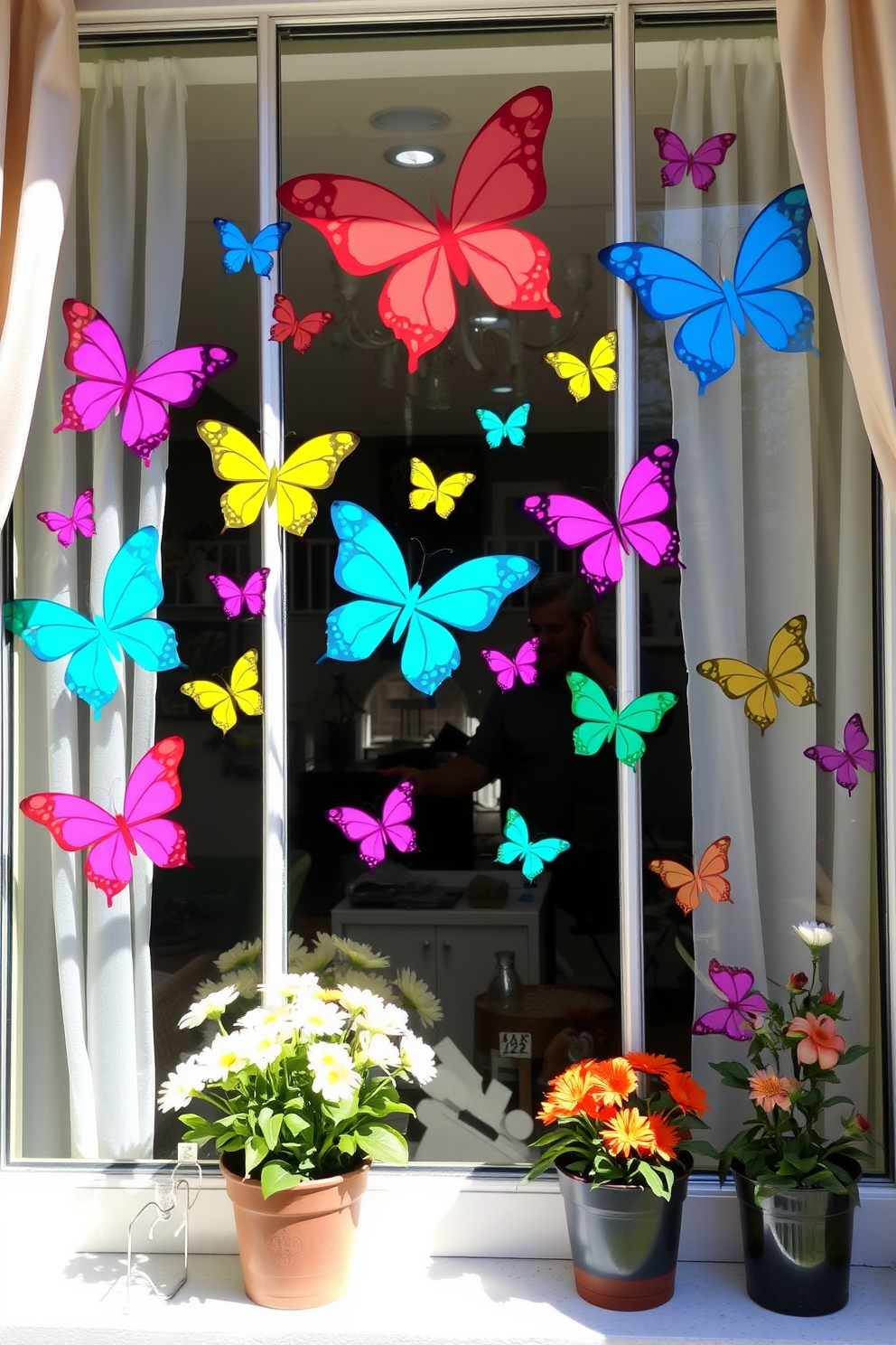 A bright and cheerful window display featuring spring-themed decals of colorful butterflies in various sizes. The decals are arranged in a playful pattern, allowing natural light to filter through and create a vibrant atmosphere. The window frames are adorned with soft pastel curtains that complement the butterfly designs. Fresh flowers in pots are placed on the windowsill, adding a touch of nature to the spring decor.