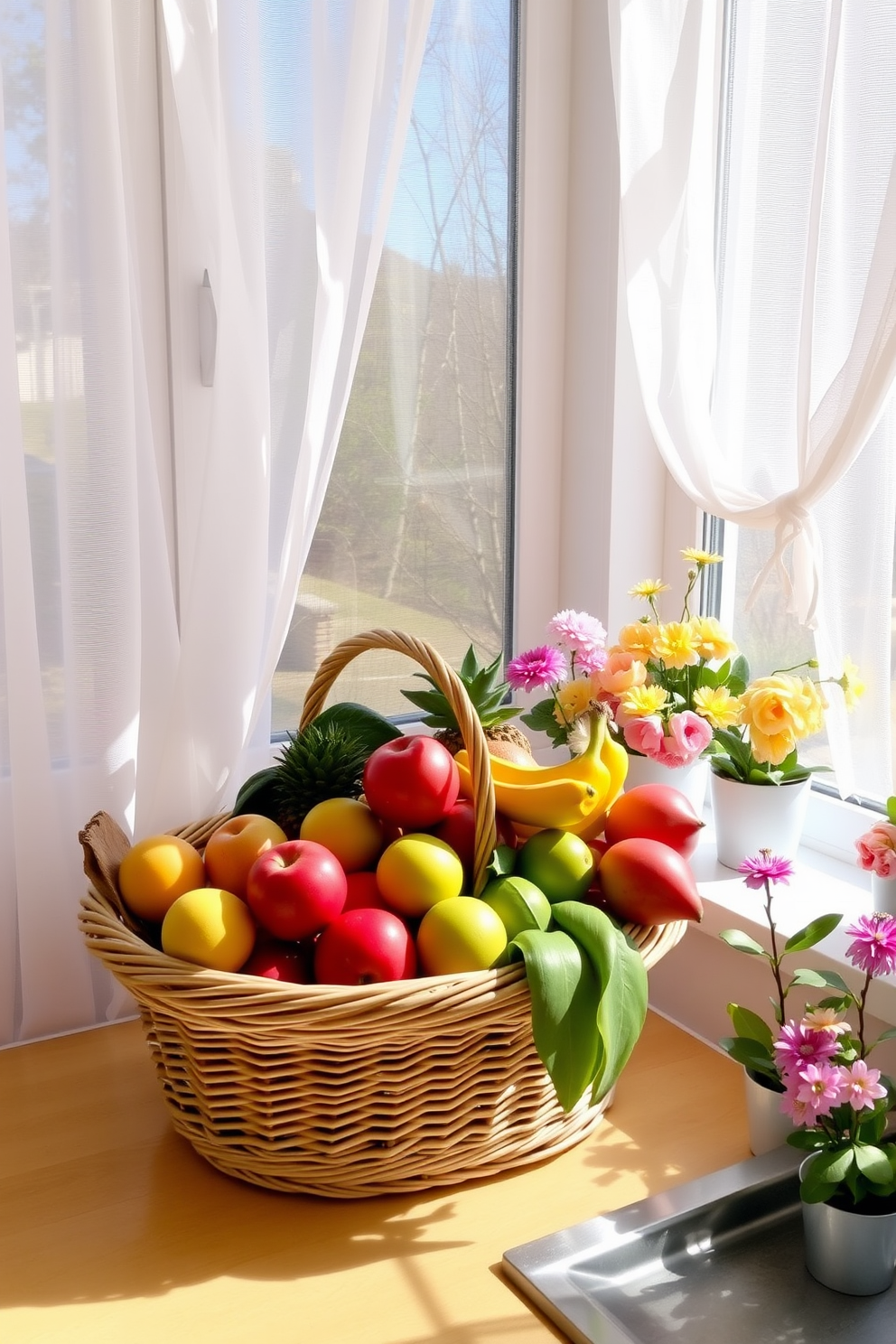 Fresh fruit displays for a cheerful vibe. A vibrant assortment of colorful fruits is arranged in a large wicker basket on a sunny kitchen countertop. Spring window decorating ideas. Delicate sheer curtains flutter in the gentle breeze, while potted flowers in pastel hues adorn the windowsill, bringing a touch of nature indoors.