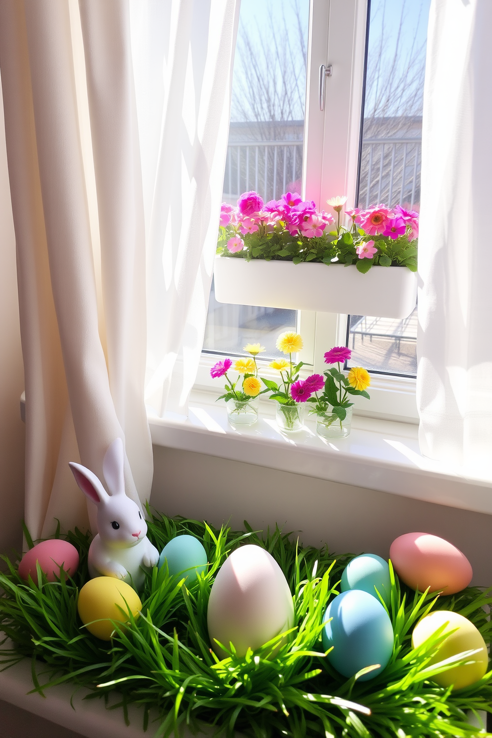 Easter decorations featuring charming bunnies and colorful eggs create a festive atmosphere. The scene includes pastel-colored eggs nestled in grass alongside playful bunny figurines. For spring window decorating ideas, imagine sheer curtains allowing soft sunlight to filter through. Bright flower boxes filled with vibrant blooms adorn the window ledge, enhancing the cheerful ambiance.