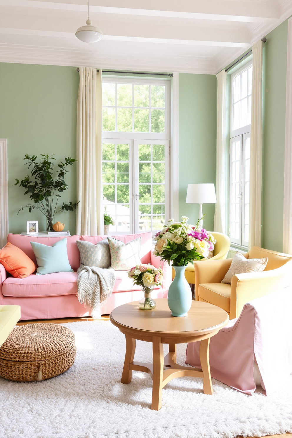 A bright and airy summer apartment filled with cheerful pastel colors. The living room features a light pink sofa adorned with colorful throw pillows, complemented by a pastel yellow accent chair. Large windows allow natural light to flood the space, enhancing the soft mint green walls. A round coffee table in a light wood finish sits atop a cozy white rug, adorned with fresh flowers in a pastel blue vase.