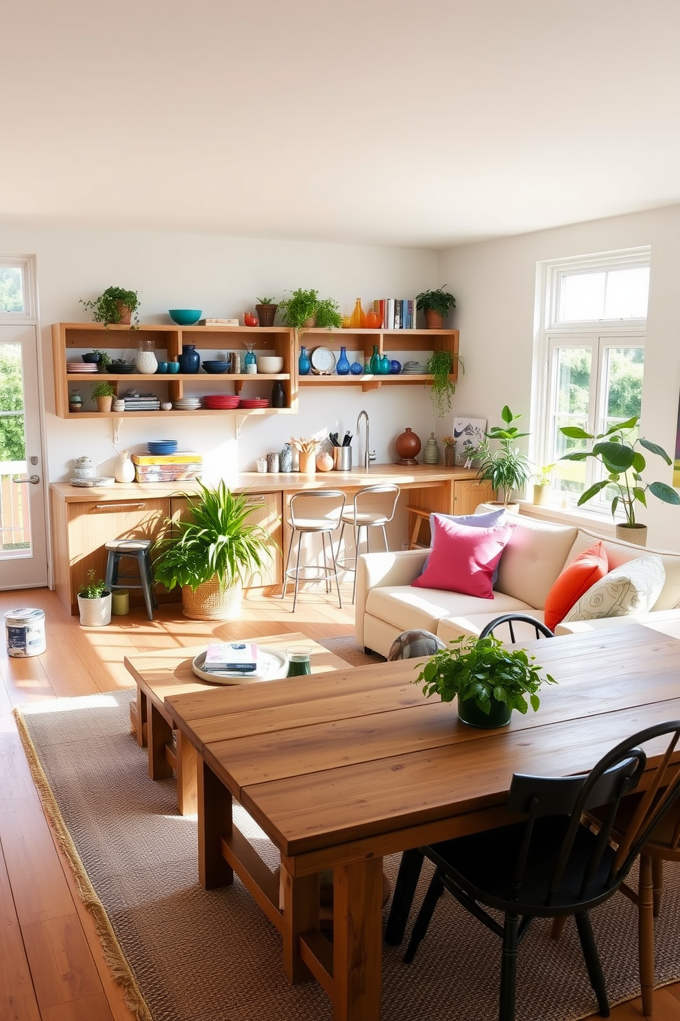 A bright and airy summer apartment featuring natural wood accents throughout the space. The living area boasts a light oak coffee table paired with a cozy cream sofa adorned with colorful throw pillows. Large windows allow natural light to flood the room, enhancing the warm tones of the wooden elements. Potted plants are strategically placed to bring a touch of greenery and freshness into the decor. The kitchen showcases open shelving made of reclaimed wood displaying vibrant dishware and glassware. A rustic wooden dining table surrounded by mismatched chairs creates an inviting atmosphere for gatherings.