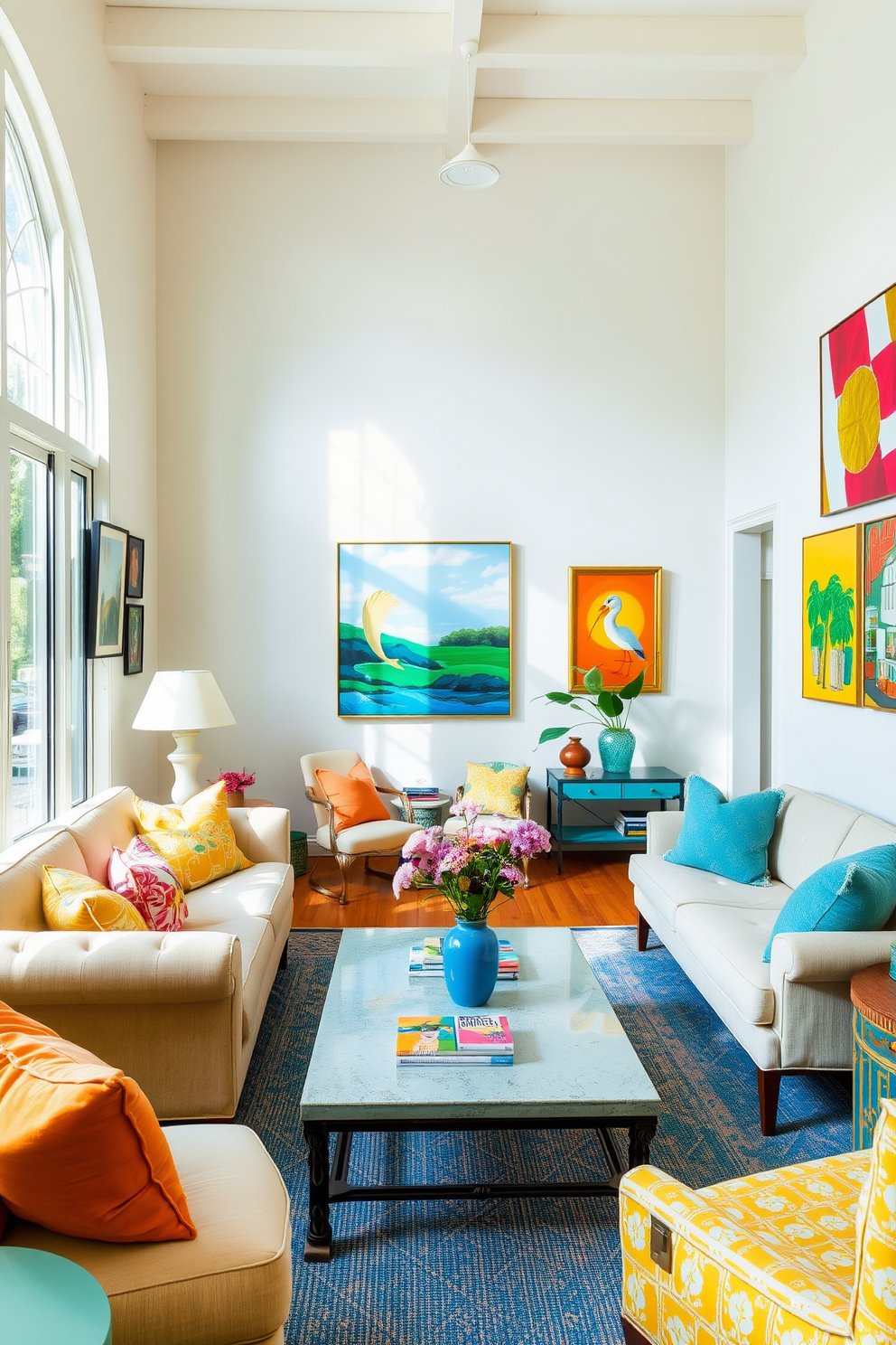 A bright and airy living room filled with natural light. The walls are adorned with vibrant artwork that adds a splash of color and energy to the space. The furniture features a mix of contemporary and vintage pieces, creating an inviting atmosphere. Soft textiles in cheerful hues complement the artwork, enhancing the summer vibe.