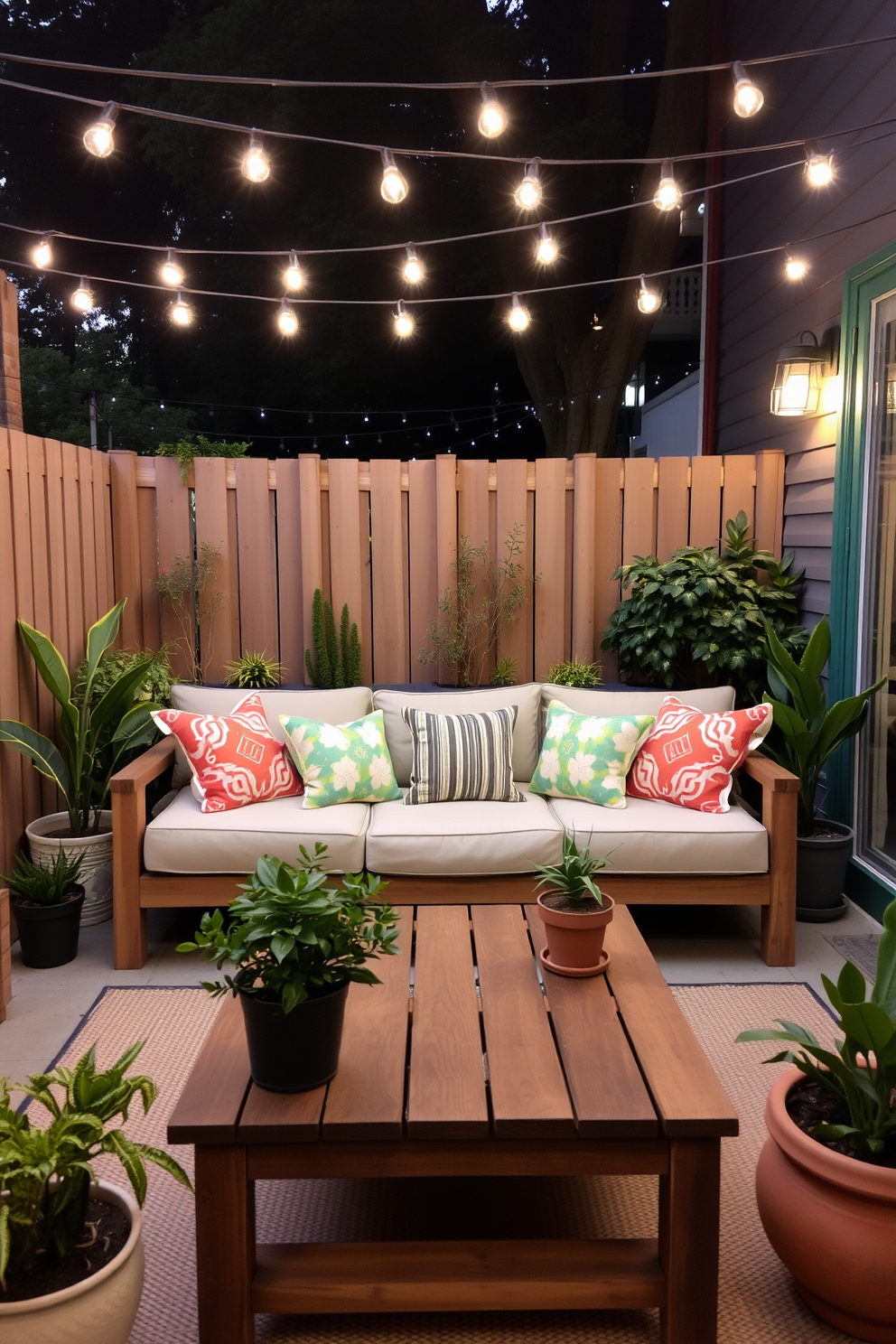 A cozy outdoor seating area features a comfortable sectional sofa adorned with colorful throw pillows. A low wooden coffee table sits in front, surrounded by potted plants and soft string lights overhead creating a warm ambiance.