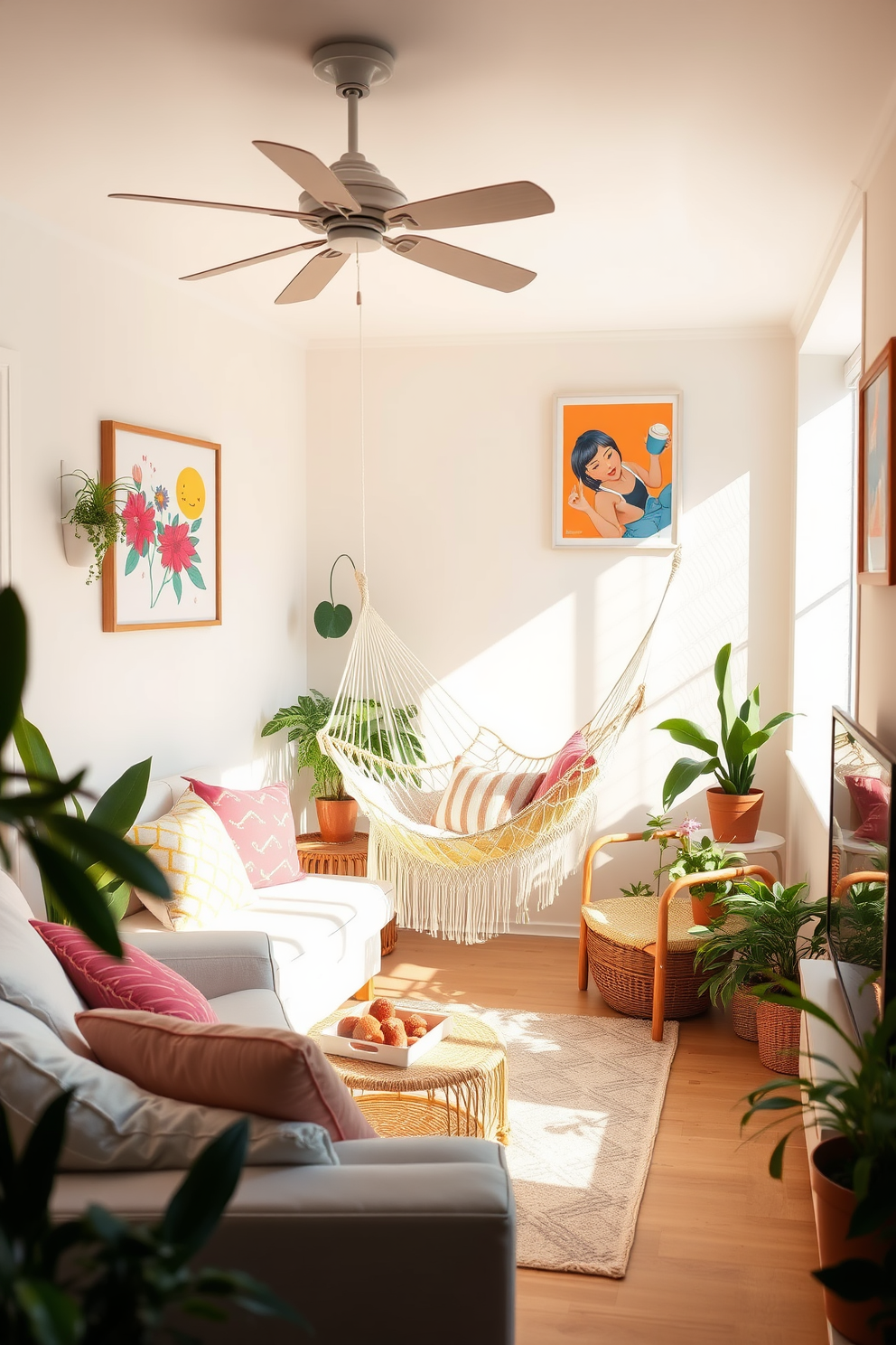 A bright and airy summer apartment features a cozy living area adorned with light-colored furniture and vibrant throw pillows. In one corner, a stylish hammock is suspended from the walls, inviting relaxation and leisure. The walls are painted in a soft pastel hue, complemented by cheerful artwork that brings a sense of warmth. Potted plants are strategically placed throughout the space, adding a refreshing touch of nature and enhancing the summer vibe.