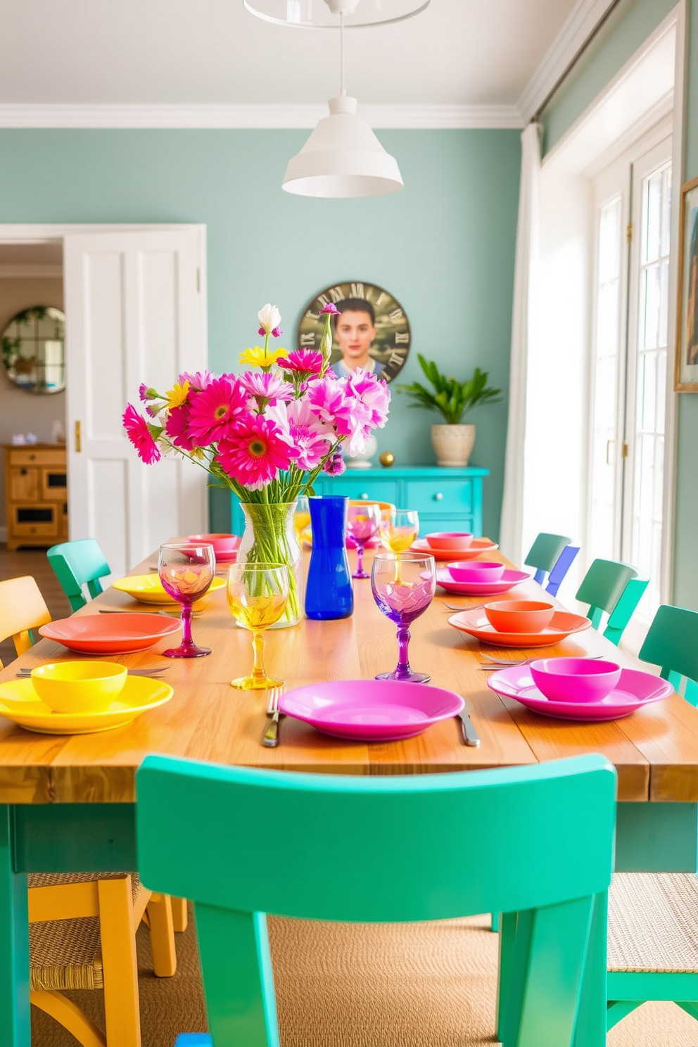 A bright and inviting dining area featuring a large wooden table set with colorful tableware. The table is adorned with vibrant plates, cheerful glasses, and fresh flowers in a playful vase, creating a lively atmosphere perfect for summer gatherings.