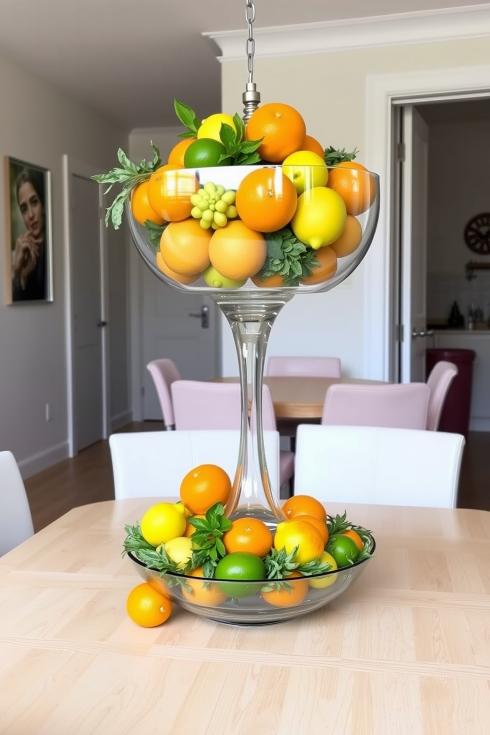 Create a refreshing citrus centerpiece for a summer apartment. Use a variety of bright oranges lemons and limes arranged in a large clear glass bowl for a vibrant pop of color. Incorporate fresh herbs like mint or basil around the citrus for added fragrance and visual appeal. Place the centerpiece on a light wooden dining table surrounded by soft pastel-colored chairs to enhance the summery feel.