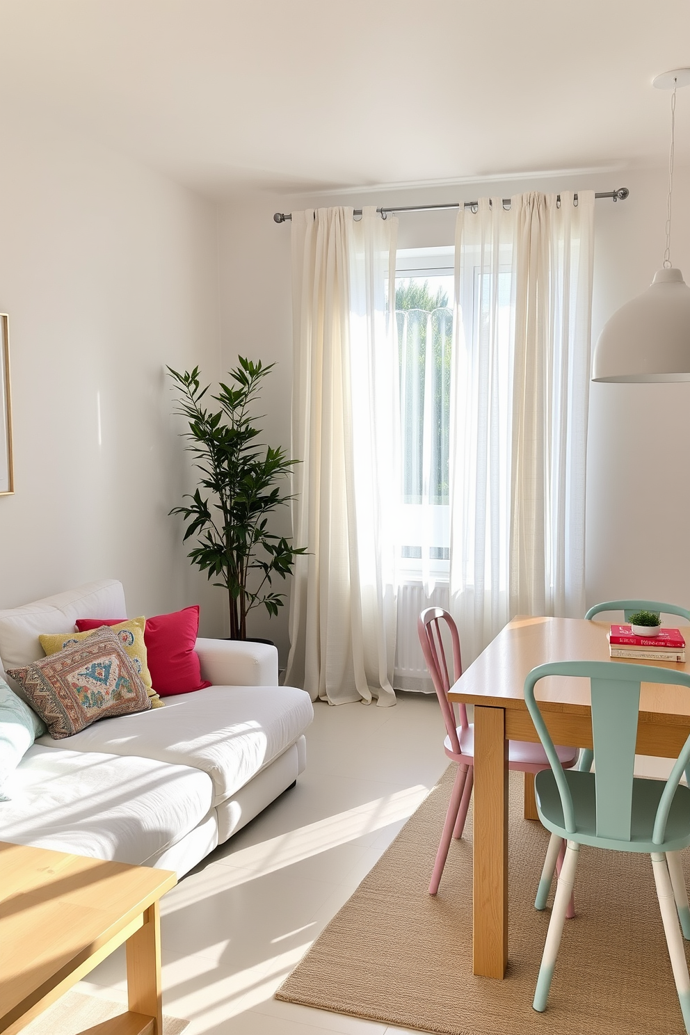 A bright and airy summer apartment decorated with light pastel wall colors. The living room features a plush white sofa adorned with colorful throw pillows and a light wooden coffee table. In the corner, a tall indoor plant adds a touch of greenery, while sheer curtains allow natural light to filter in. The dining area includes a light wood table surrounded by mismatched pastel chairs, creating a casual and inviting atmosphere.