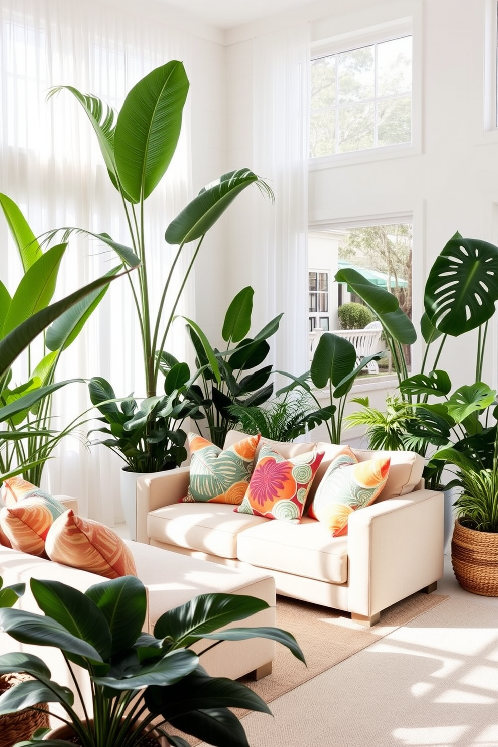 A bright and airy living room filled with tropical plant arrangements. Large potted palms and vibrant monstera leaves are strategically placed around the space, bringing a refreshing feel to the summer decor. The walls are painted in a soft white, and natural light pours in through large windows adorned with sheer curtains. A cozy beige sofa is accented with colorful throw pillows that echo the hues of the surrounding greenery.