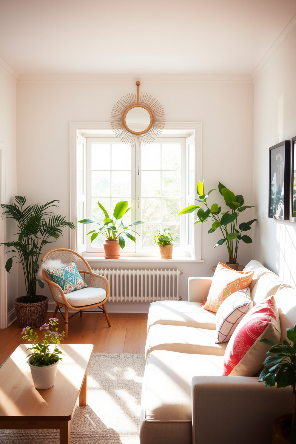 A bright and airy summer apartment filled with natural light. The living room features a comfortable sectional sofa with colorful throw pillows and a light wood coffee table. A sunburst mirror hangs above the sofa, reflecting sunlight and adding a touch of elegance. The walls are painted in a soft pastel hue, creating a cheerful and inviting atmosphere. A cozy reading nook is set up by the window with a plush armchair and a small side table. Potted plants add greenery and life to the space, enhancing the summer vibe.