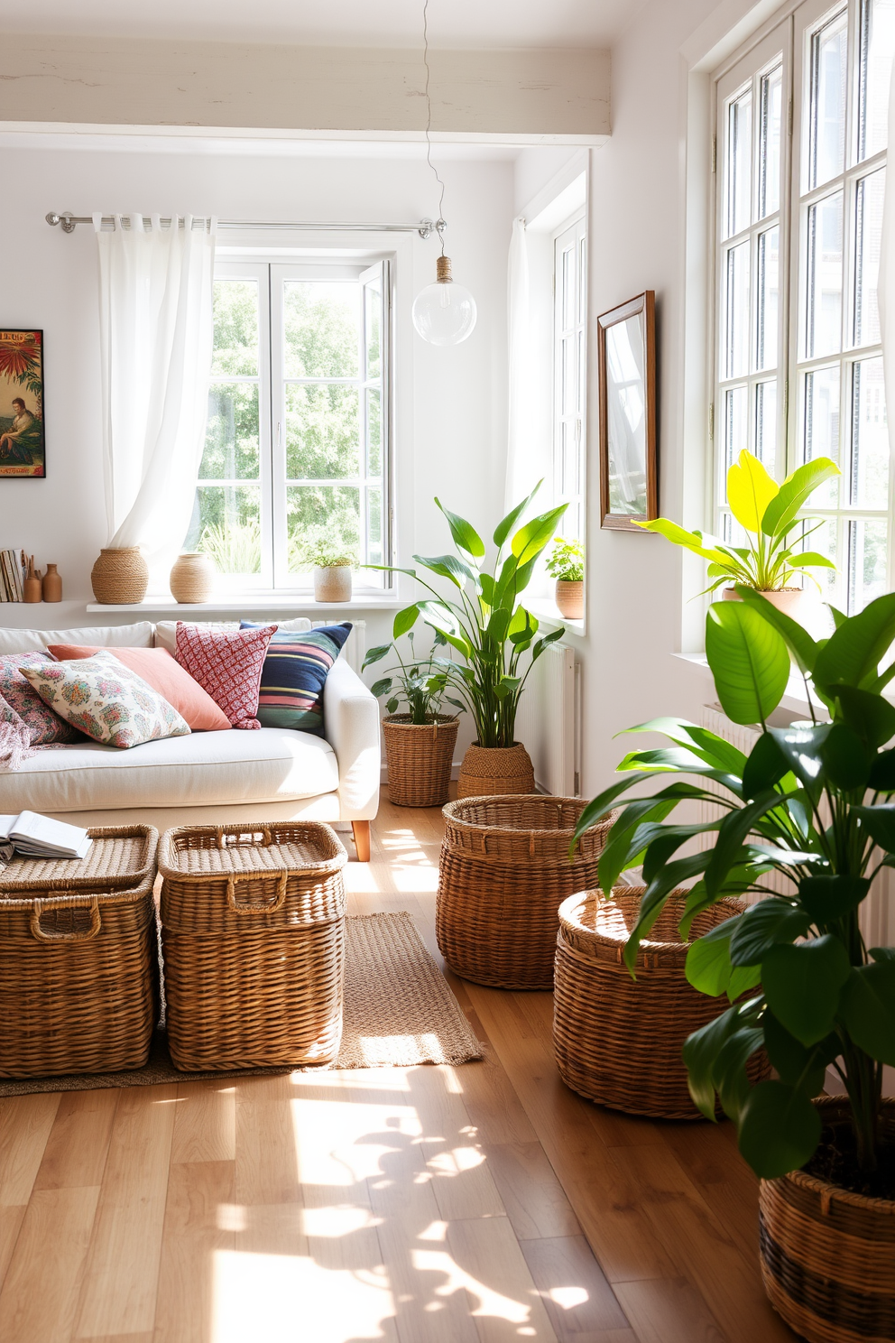 A bright summer apartment filled with natural light. The living area features a cozy sofa adorned with colorful cushions and a woven rug underfoot. In one corner, woven baskets are stylishly arranged for storage, adding texture and warmth to the space. Fresh green plants are placed near the windows, enhancing the airy and vibrant atmosphere.