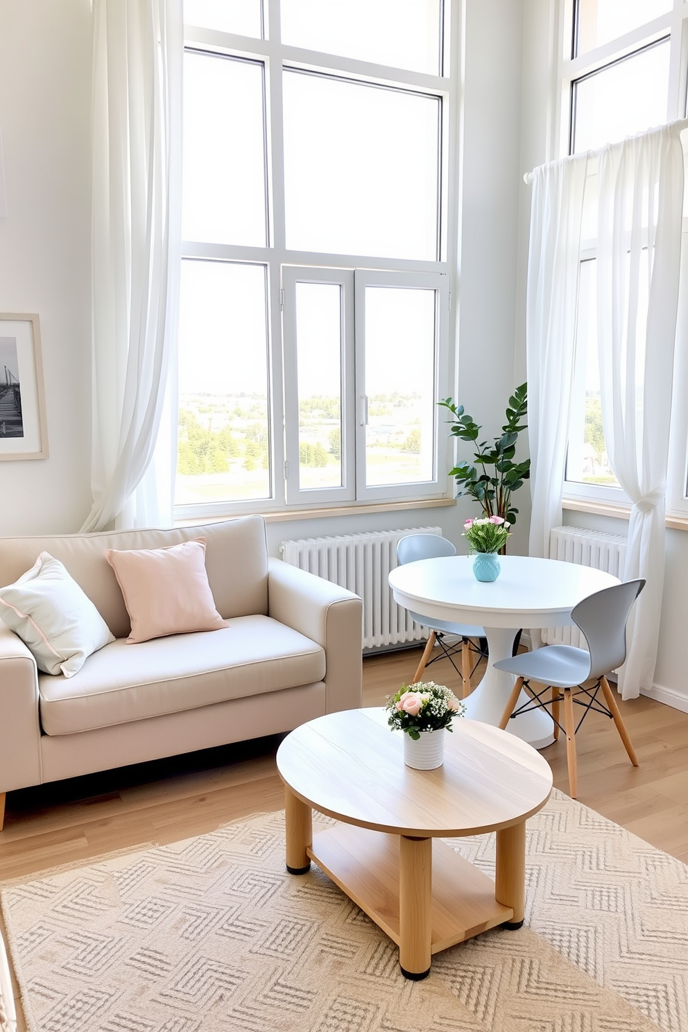 A bright and airy summer apartment features light-colored furniture that enhances the spaciousness of the room. Soft pastel cushions adorn a comfortable beige sofa, while a light wood coffee table sits in front, creating a relaxed atmosphere. The dining area showcases a round white table surrounded by light gray chairs, perfect for casual meals. Large windows allow natural light to flood the space, complemented by sheer white curtains that flutter gently in the breeze.