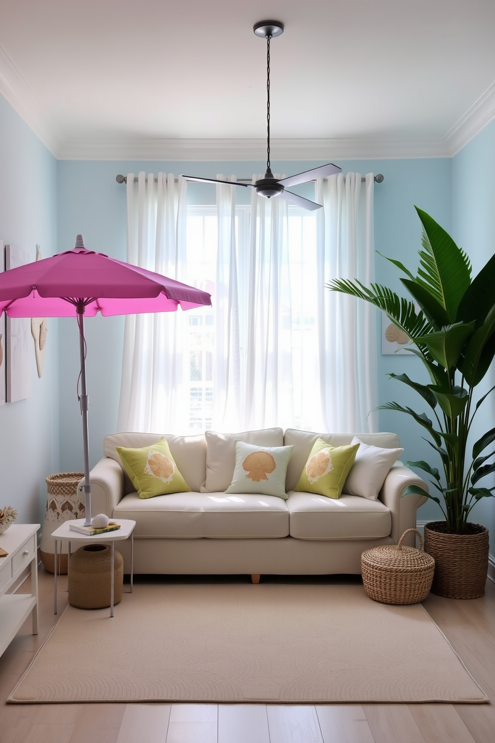 A bright and airy living room featuring a vibrant beach umbrella placed in the corner next to a cozy seating area. The walls are painted in soft ocean blue, and the decor includes seashell accents and light, breezy curtains that flutter with the sea breeze. The space is complemented by a large indoor plant that adds a touch of greenery, creating a refreshing summer vibe. A light-colored rug with a subtle wave pattern anchors the seating arrangement, inviting relaxation and warmth.