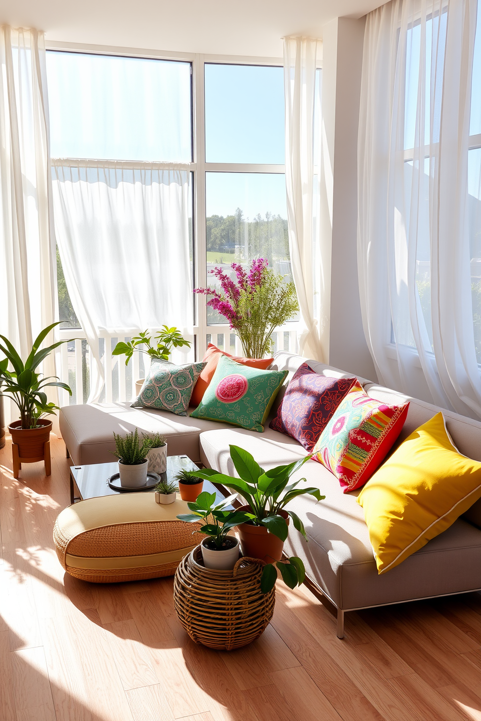 A bright and airy living space filled with vibrant outdoor cushions arranged on a sleek modern sofa. The cushions feature bold patterns and colors that complement the light wood flooring and large windows allowing natural light to flood the room. In one corner, a small coffee table holds a collection of potted plants that enhance the summery vibe. Soft, sheer curtains flutter gently in the breeze, creating a relaxed atmosphere perfect for casual gatherings.