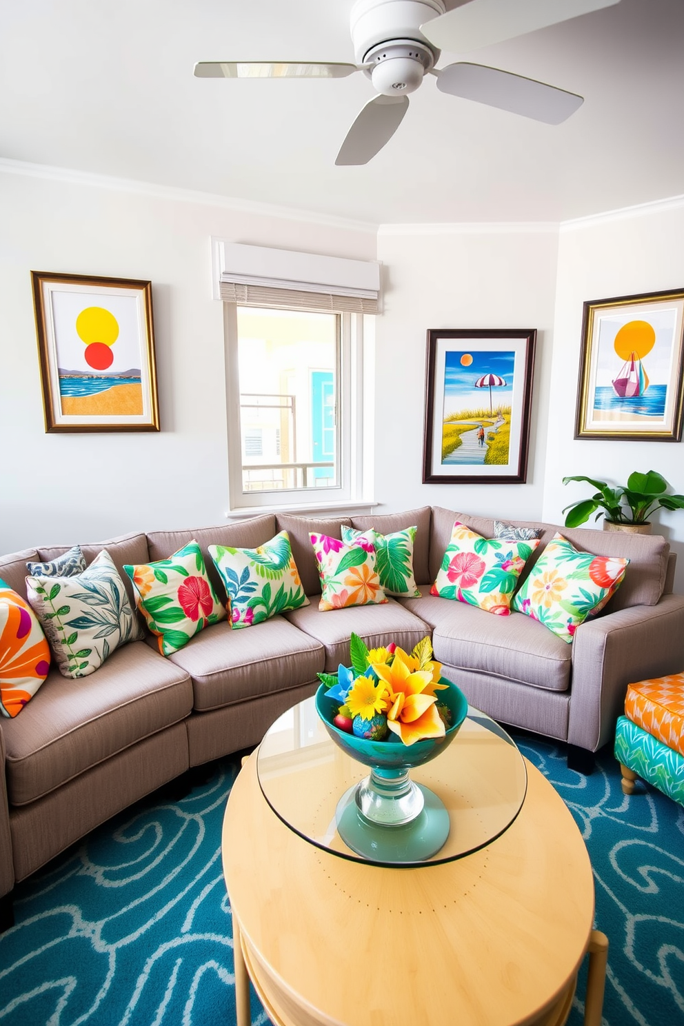 A vibrant summer-themed apartment filled with playful prints and bright colors. The living room features a large sofa adorned with cushions showcasing tropical patterns and cheerful hues. In the corner, a stylish coffee table is topped with a colorful beach-themed centerpiece. The walls are decorated with framed artwork depicting sunny landscapes and fun summer activities.