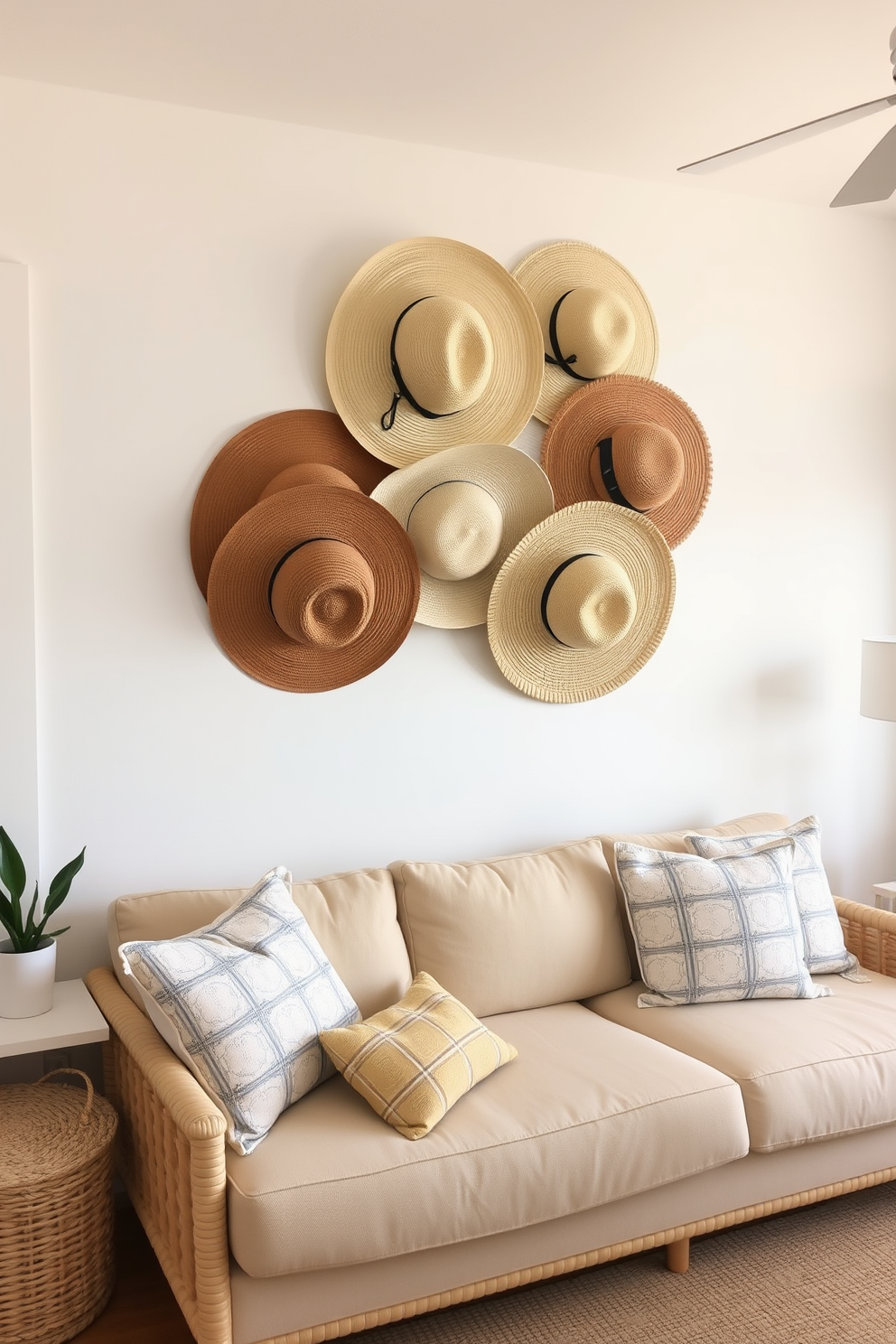 Hang oversized beach hats as decor in a bright and airy summer apartment. The walls are painted in a soft white, and the hats are arranged in a playful pattern above a cozy seating area.