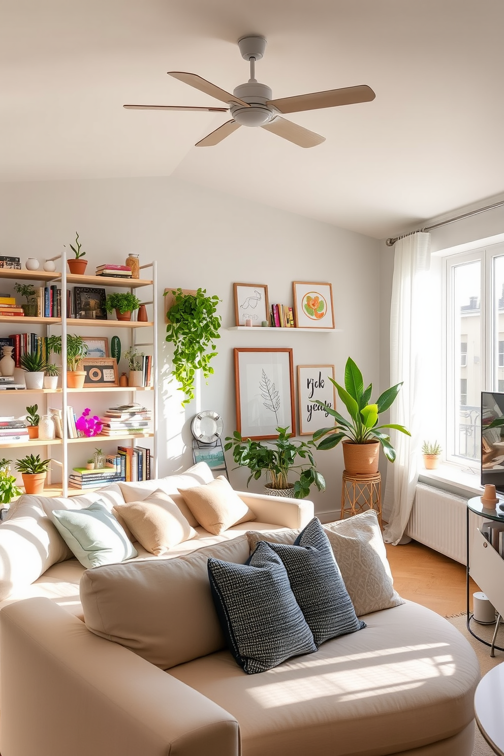 A bright and airy summer apartment filled with natural light. Open shelving lines the walls, showcasing an array of decorative items like vibrant plants, colorful books, and unique art pieces. The living area features a cozy seating arrangement with light-colored furniture and soft throw pillows. A large window draped with sheer curtains allows gentle sunlight to filter in, enhancing the cheerful atmosphere.