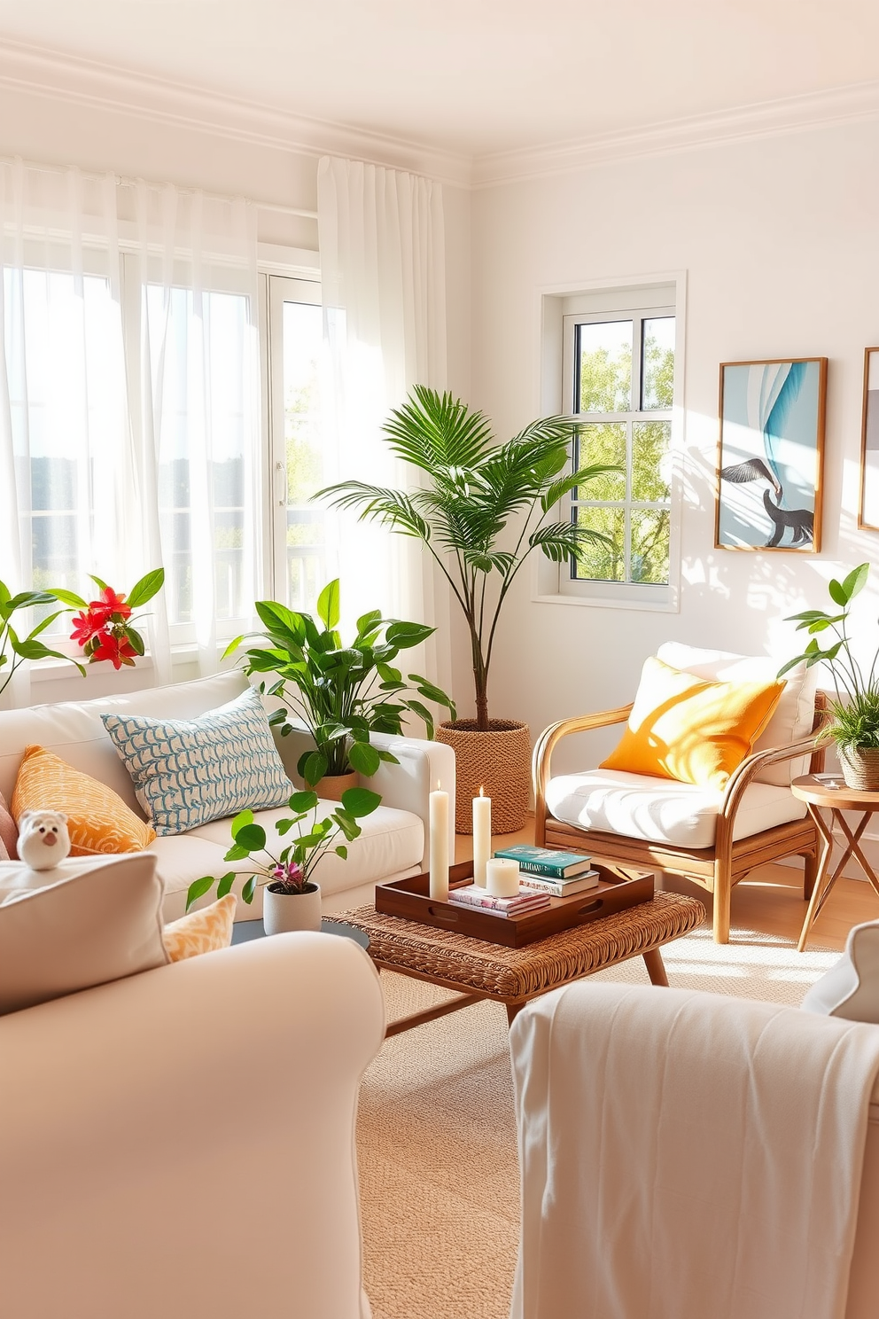 A bright and airy summer apartment setting filled with natural light. The living room features a light-colored sofa adorned with vibrant throw pillows and a woven coffee table surrounded by lush indoor plants. In the corner, a small reading nook is created with a comfortable armchair and a side table holding a stack of books. Soft, sheer curtains flutter gently in the breeze, enhancing the refreshing atmosphere of the space. Add a refreshing scent with candles placed on the windowsill and a decorative tray on the coffee table. The walls are painted in a soft pastel hue, complemented by artwork that reflects the colors of summer.