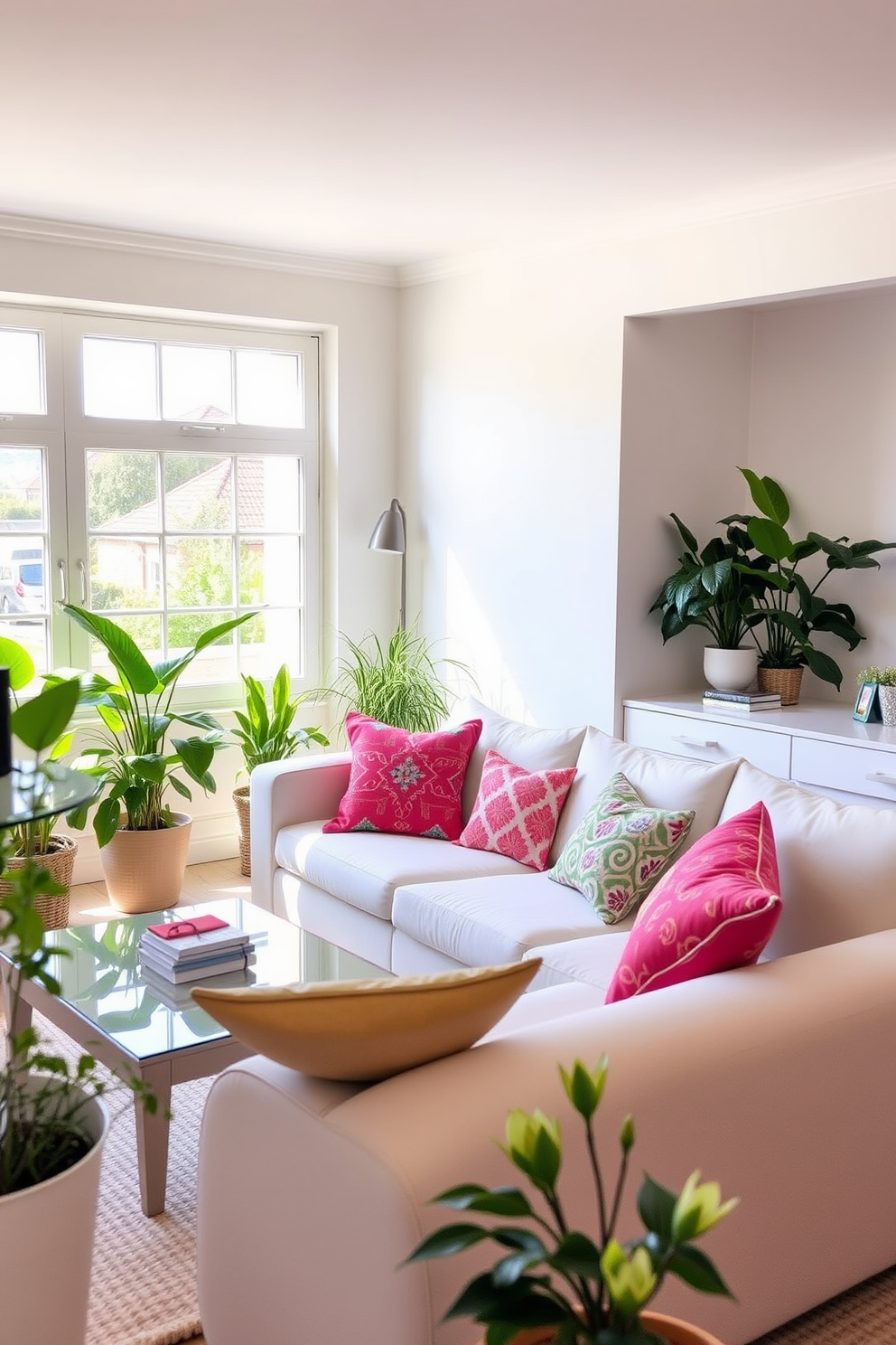 A bright and airy summer apartment filled with natural light. The living room features a comfortable sofa adorned with colorful throw pillows in vibrant patterns and hues. The walls are painted in a soft pastel shade, creating a cheerful backdrop. Potted plants are placed strategically around the room, adding a touch of greenery and freshness.